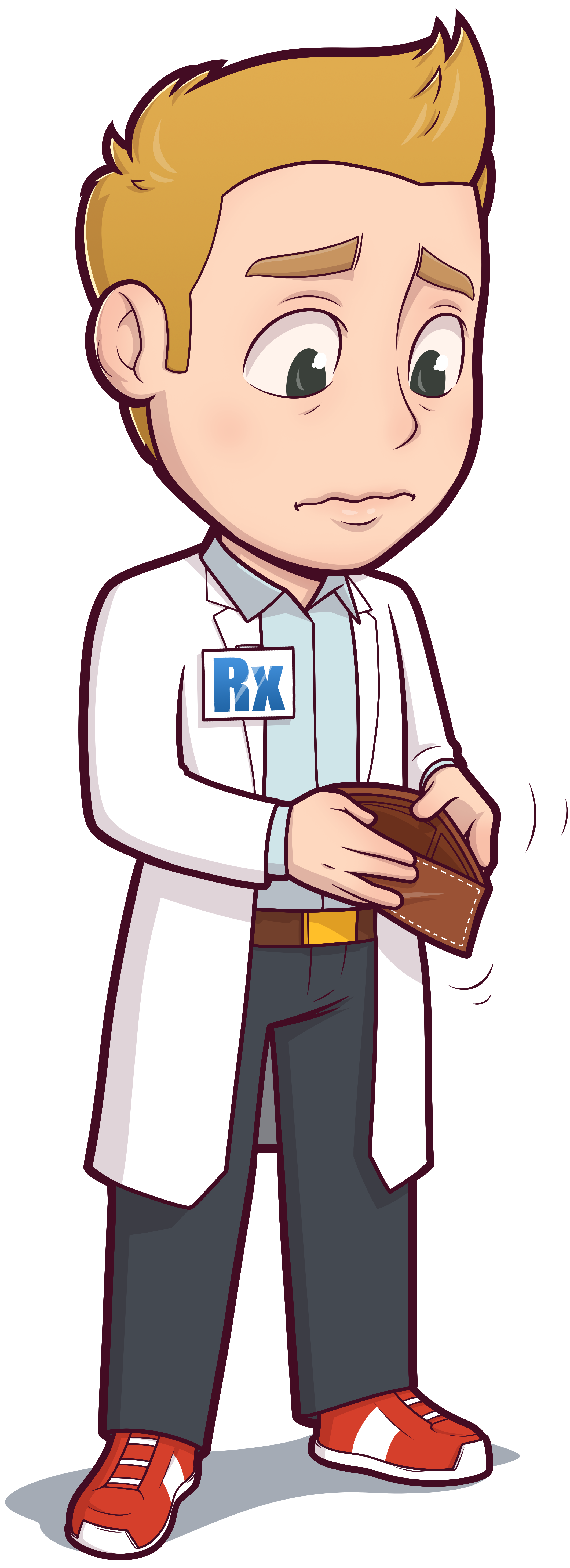 Illustrated character of Fred the Pharmacist holding open an empty wallet. He is a young white male.
